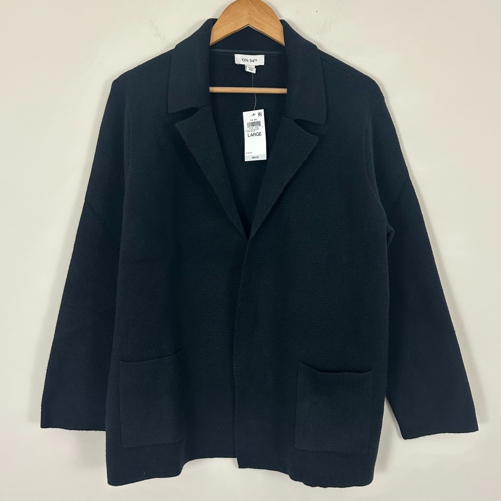 On 34th Sweater Blazer Deep Black Notch Collar Pockets Long Sleeve Womens Large - Picture 2 of 8